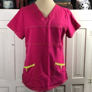SCRUBSTAR PINK SCRUB TOP WITH BRIGHT YELLOW TRIM S